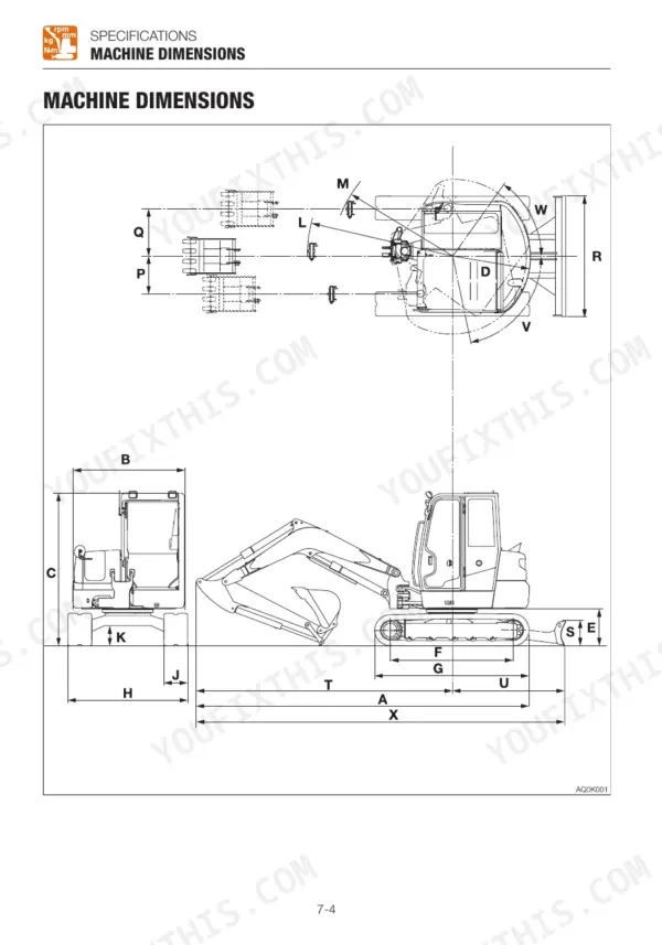 Takeuchi TB260 machine dimensions diagram showing side, front, and top views with lettered measurement reference points.