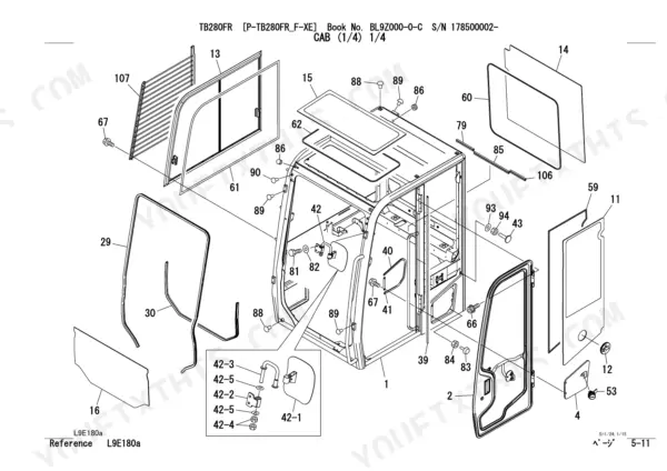 Takeuchi TB280FR exploded view diagram of cab assembly components, including door, glass, seals, and mirror hardware.