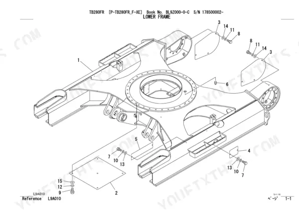 Takeuchi TB280FR exploded view diagram of the lower frame assembly, showing cover plates, bolts, washers, and mounting hardware.