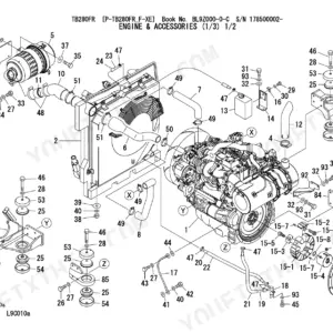 Takeuchi TB280FR exploded view of engine, radiator, cooling hoses, and mounting accessories with numbered parts list.