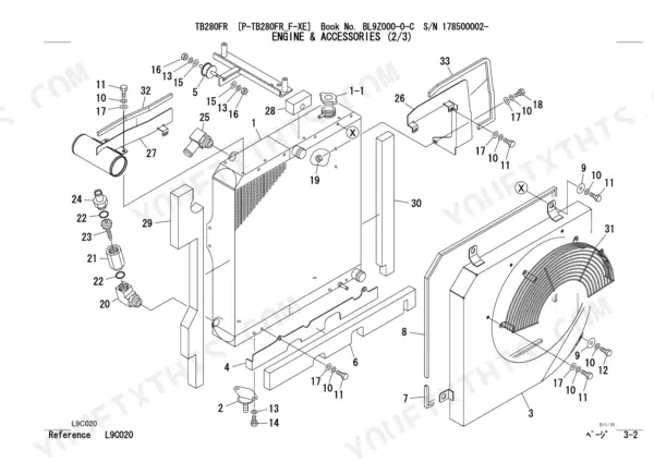 Takeuchi TB280FR exploded view of engine radiator, cooling fan shroud, and mounting hardware components.