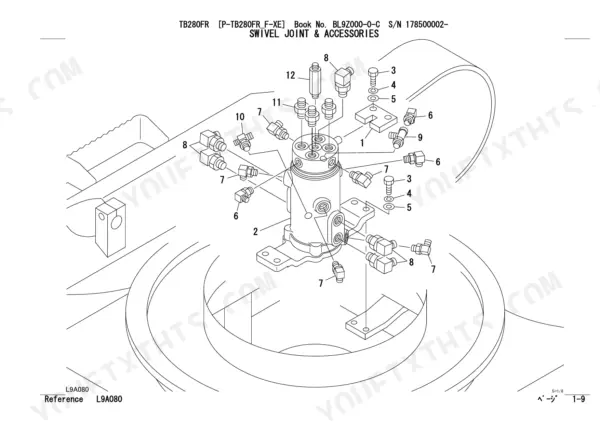 Takeuchi TB280FR exploded view diagram of the swivel joint and hydraulic accessories with numbered component parts.