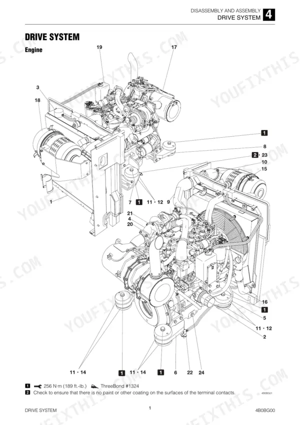 Takeuchi TB280FR exploded view diagram of the engine drive system components and assembly points.