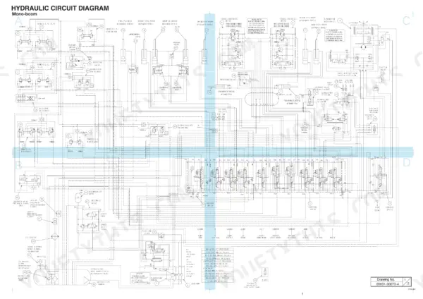 Takeuchi TB285 hydraulic circuit diagram showing mono-boom, control valves, cylinders, and main relief pressure specifications.