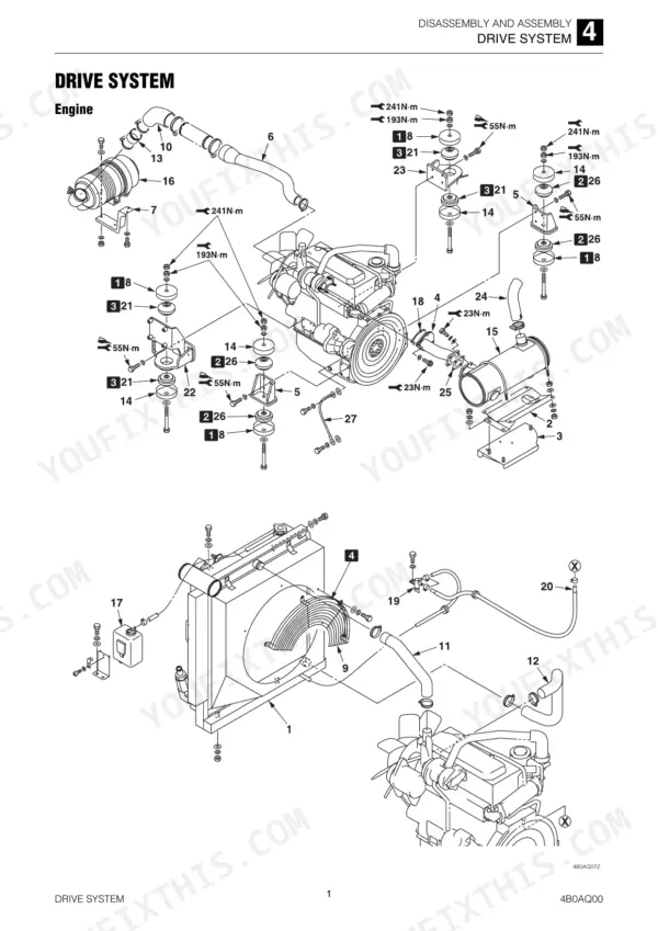 Takeuchi TB285 exploded view diagram of engine drive system, radiator, and mounting components with torque specifications.