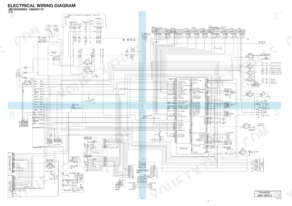 takeuchi-tb285-hydraulic-excavator-service-manual-cm1e006-wiring-59.webp Takeuchi TB285 electrical wiring diagram showing E-ECU, controller, proportional amp, and engine sensors for serial 18500002-185000778.