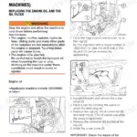 Takeuchi TB290 maintenance procedure for replacing engine oil and oil filter, including dipstick and drain plug diagrams.