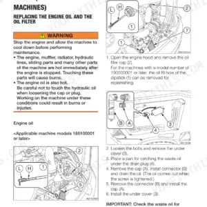 Takeuchi TB290 maintenance procedure for replacing engine oil and oil filter, including dipstick and drain plug diagrams.