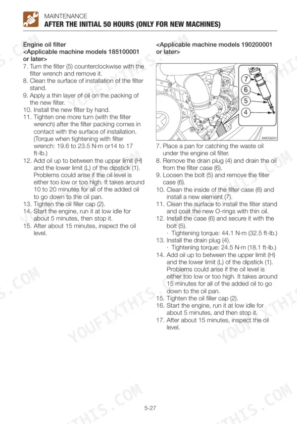 Takeuchi TB290 maintenance procedure for initial 50-hour engine oil filter replacement with torque specifications and diagram.