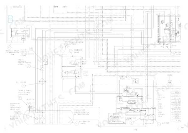 Takeuchi TB290 hydraulic system schematic showing pump, solenoid valves, accumulator, oil cooler, and pressure specifications.