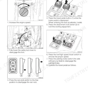 Takeuchi TB295W operating procedures for moving forward and reverse, showing engine speed, safety lever, and travel pedal controls.