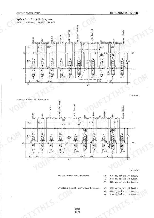 Takeuchi TB45 main control valve hydraulic circuit diagrams and relief valve pressure settings table.