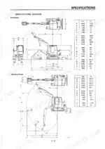 Takeuchi TB45 specifications page showing machine dimensions and operating range diagrams with corresponding measurement tables.