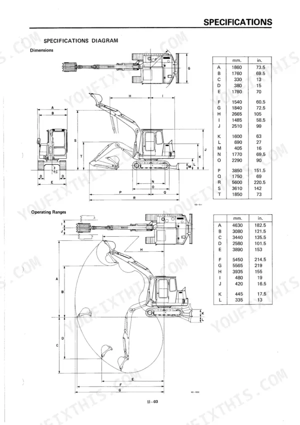 Takeuchi TB45 specifications page showing machine dimensions and operating range diagrams with corresponding measurement tables.