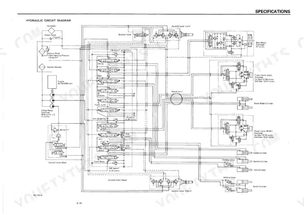 Takeuchi TB45 hydraulic circuit diagram showing main control valve, gear pump, travel motors, and cylinder connections.