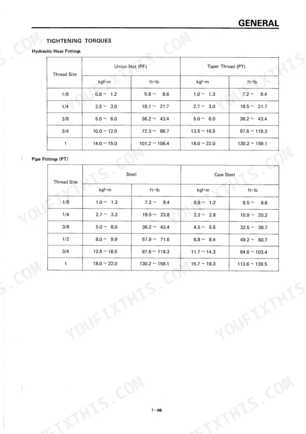 Takeuchi TB45 torque specification tables for hydraulic hose fittings and pipe fittings including steel and case steel values.