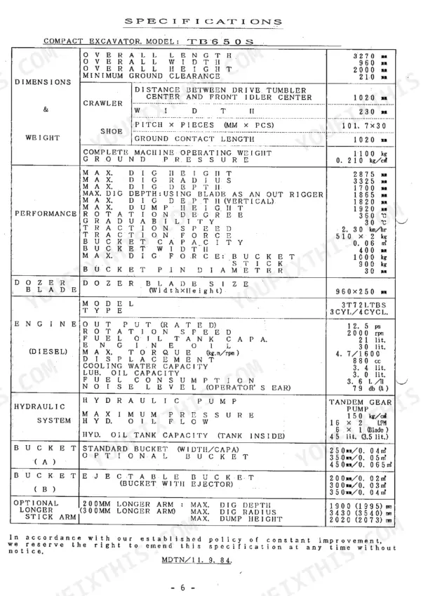 Takeuchi TB650S, TB-10S technical specifications table including dimensions, engine, hydraulic, and performance data.