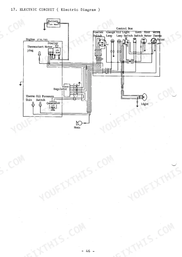 Takeuchi TB650S, TB-10S electric circuit diagram showing battery, starter, control box, regulator, and light wiring.