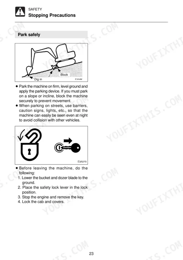 Takeuchi TB80FR safety manual page showing parking precautions, blocking procedures, and machine shutdown steps.