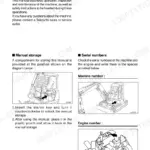 Takeuchi TB80FR manual page showing manual storage location and machine and engine serial number identification diagrams.