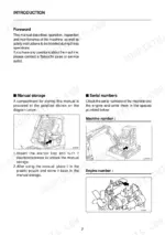 Takeuchi TB80FR manual page showing manual storage location and machine and engine serial number identification diagrams.