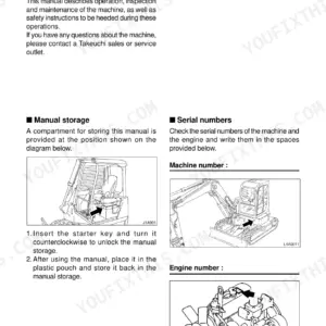 Takeuchi TB80FR manual page showing manual storage location and machine and engine serial number identification diagrams.