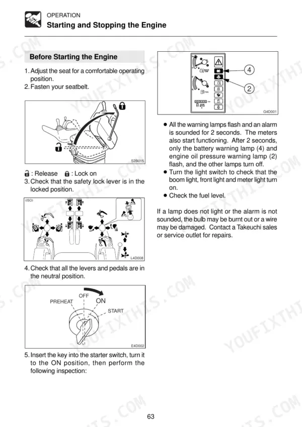 Takeuchi TB80FR operator manual page showing engine starting procedures, safety lock lever, control neutral positions, and starter switch.