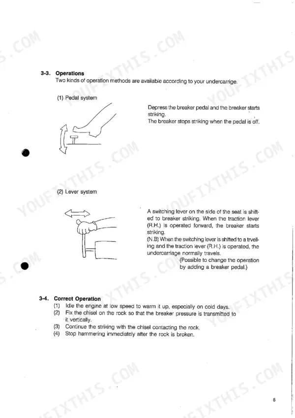 Takeuchi TKB-70 operations manual showing pedal and lever breaker control systems and correct operating procedures.