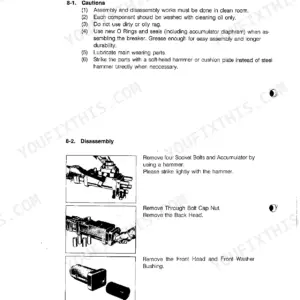 Takeuchi TKB-70 breaker assembly and disassembly procedures, including safety cautions and steps for removing the accumulator and heads.