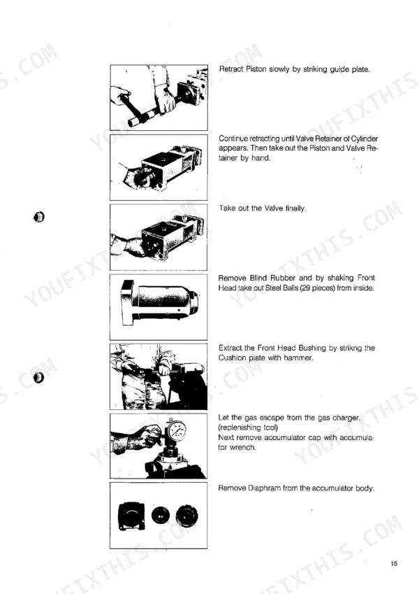 Takeuchi TKB-70 service manual page showing piston, valve, steel ball removal, and accumulator diaphragm maintenance procedures.