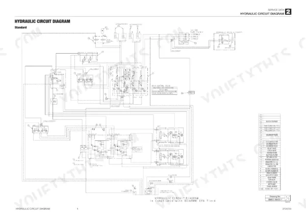 Takeuchi TL10 standard hydraulic circuit diagram showing main control valve, pumps, cylinders, and component legend table.