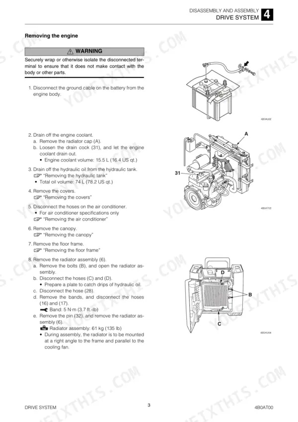 Takeuchi TL10 engine removal procedure, including battery, radiator, and hydraulic system disassembly diagrams.