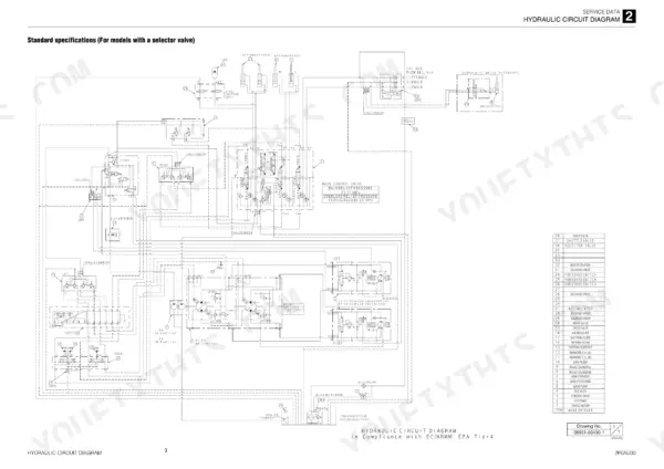 Takeuchi TL12 hydraulic circuit diagram for models with a selector valve, including main control valve pressure specs.
