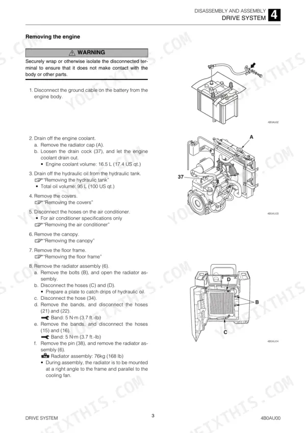 Takeuchi TL12 engine removal procedure, including battery disconnection, coolant draining, and radiator assembly removal steps.