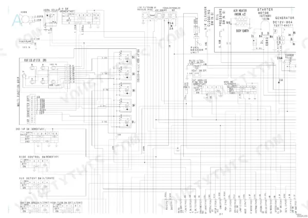 Takeuchi TL12 electrical wiring diagram showing horn, relay box, joystick, and auxiliary switch circuits.