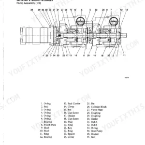 Takeuchi TL126 HST pump assembly exploded view diagram with numbered parts list for serial numbers 21260001-21260025.