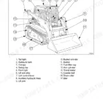 Takeuchi TL220, TL230, TL240, TL250 component diagram showing bucket, lift arm, hydraulic tank, and controls identification.