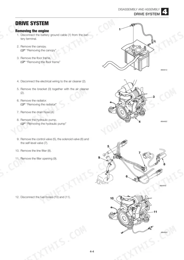 Takeuchi TL220 engine removal procedure with diagrams for battery, air cleaner, hydraulic components, and fuel hoses.
