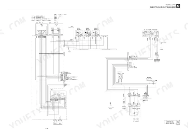 Takeuchi TL220 electric circuit diagram showing wiper motor, relays, service proportional controller, and work lights wiring.