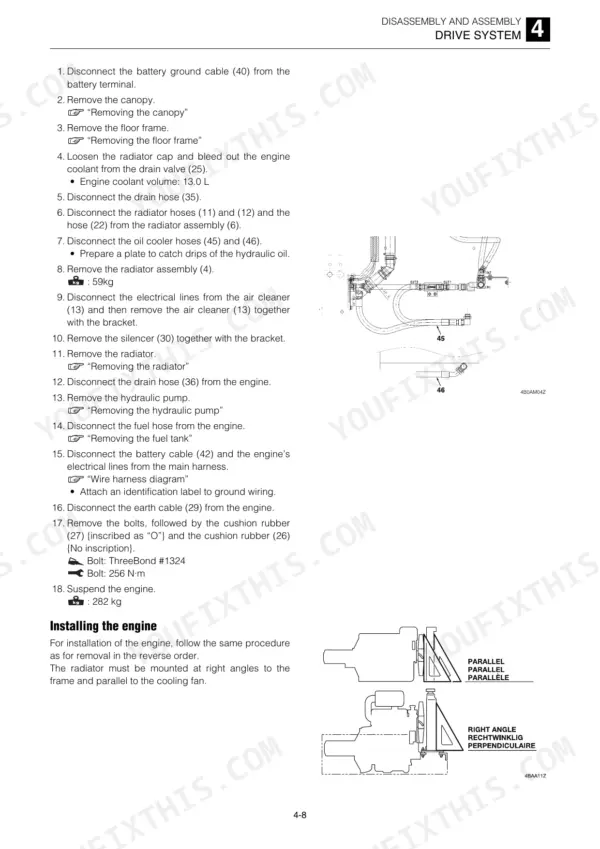 Takeuchi TL230 service manual page detailing engine removal and installation procedures, including radiator and hose diagrams.
