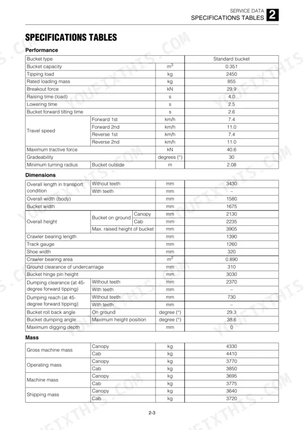 Takeuchi TL230 service manual specifications table showing performance, dimensions, and mass data for the track loader.