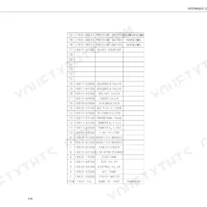 Takeuchi TL230 hydraulic circuit diagram parts list table including pressure switches, valves, filters, and cylinders.