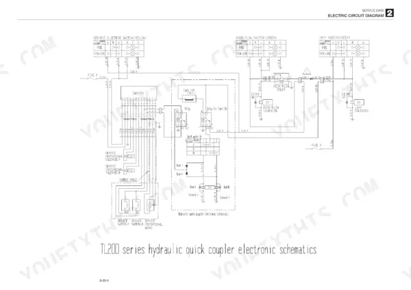 Takeuchi TL240 hydraulic quick coupler electronic wiring diagram showing switches, relays, solenoids, and controller connections.