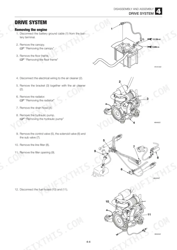 Takeuchi TL250V3800DI-T-E3BG: Engine removal procedure diagrams showing battery, air cleaner, valves, and fuel hose disconnects.