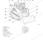 Takeuchi TL8, TL10, TL12 component identification diagram showing bucket, lift arms, tracks, and operator controls.