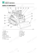 takeuchi-tl8-tl10-tl12-track-loader-operator-manual-au8e000-controls-54.webp Takeuchi TL8, TL10, TL12 component identification diagram showing bucket, lift arms, tracks, and operator controls.