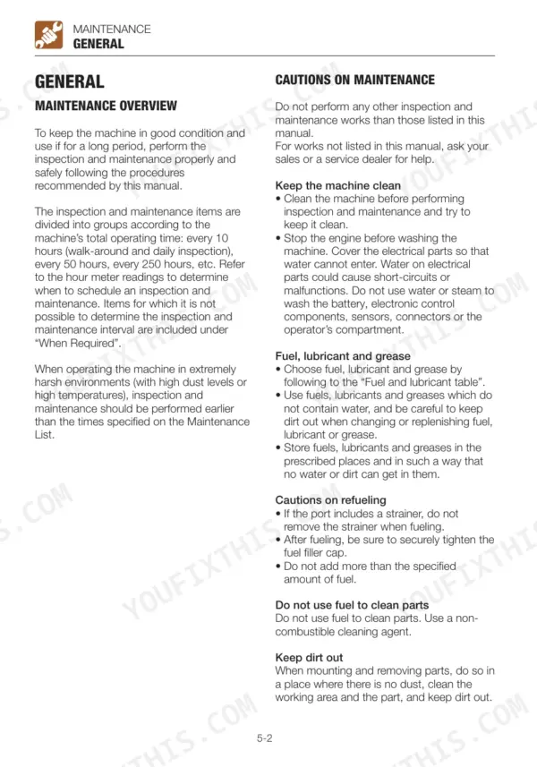 Takeuchi TL8, TL10, TL12 maintenance manual page covering general maintenance overview and safety cautions for cleaning and refueling.