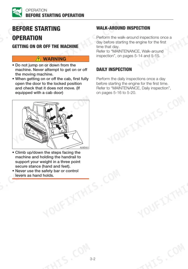 Takeuchi TL8, TL10, TL12 operation manual page showing safe machine entry, exit procedures, and walk-around inspection steps.