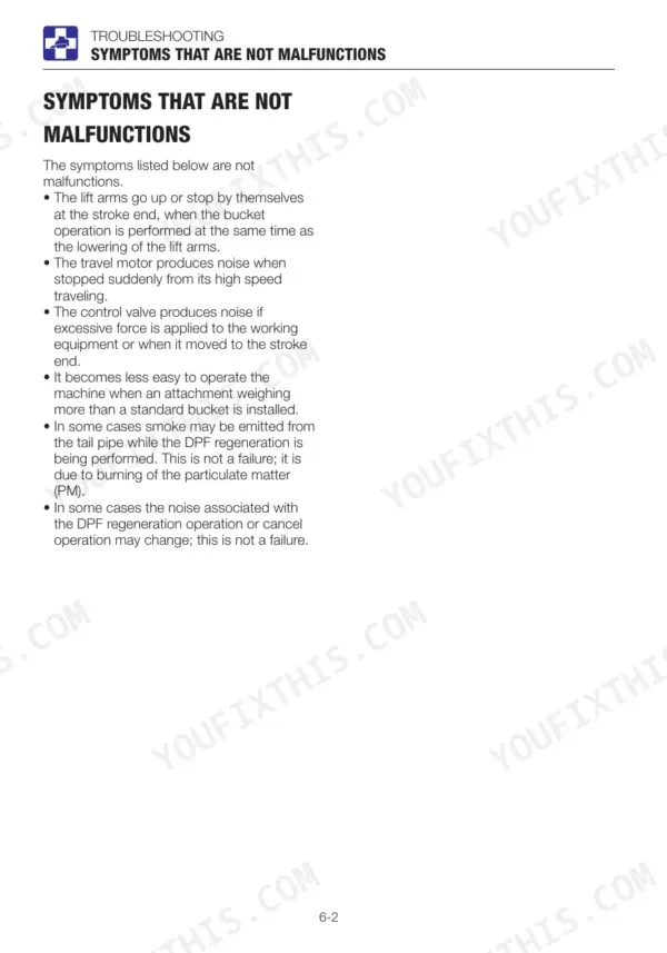 Takeuchi TL8, TL10, TL12 troubleshooting guide listing symptoms that are not malfunctions, including DPF and hydraulic noise.