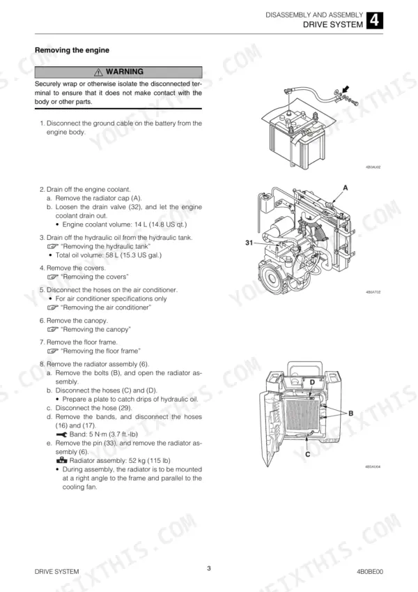 Takeuchi TL8 service manual page showing engine removal procedures, battery disconnection, and radiator assembly diagrams.